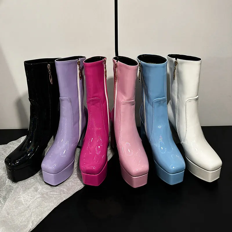 Pink Purple Blue Patent PU Leather Winter Womens Boots Square Toe Block High Heeled Shoes Zipper Platform Mid-calf Heels Boot