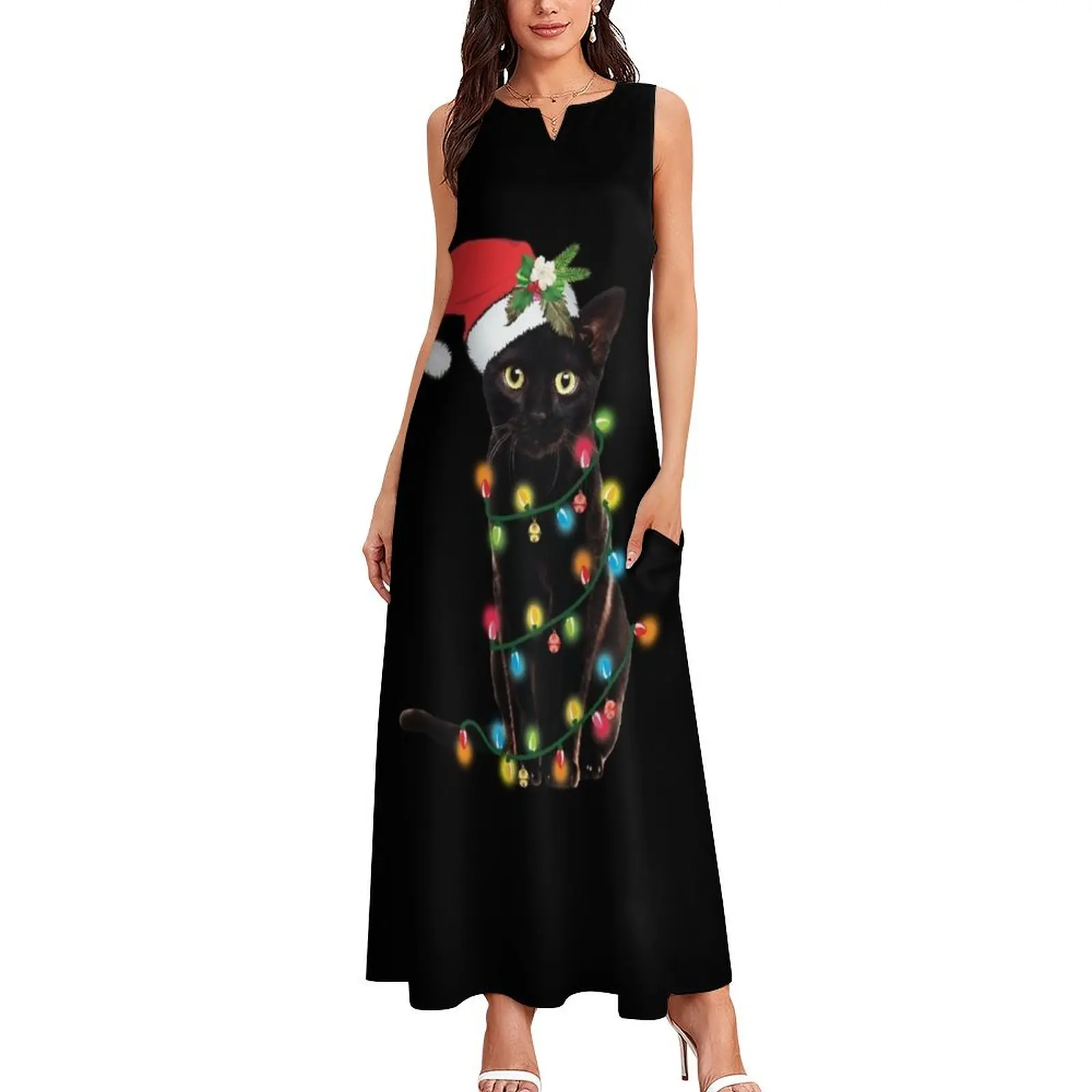 Black Santa Cat Tangled Up In Lights Christmas Santa Illustration Long Dress Bridesmaid dress woman summer dress woman 2025