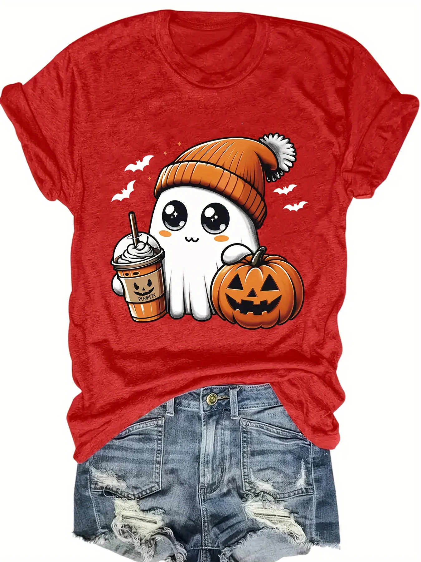 Halloween Kawaii Cartoon Ghost Print Women\'s T-shirt Plus Size Short Sleeve Shirt Blouse Crop Top Women\'s Clothing Fashion