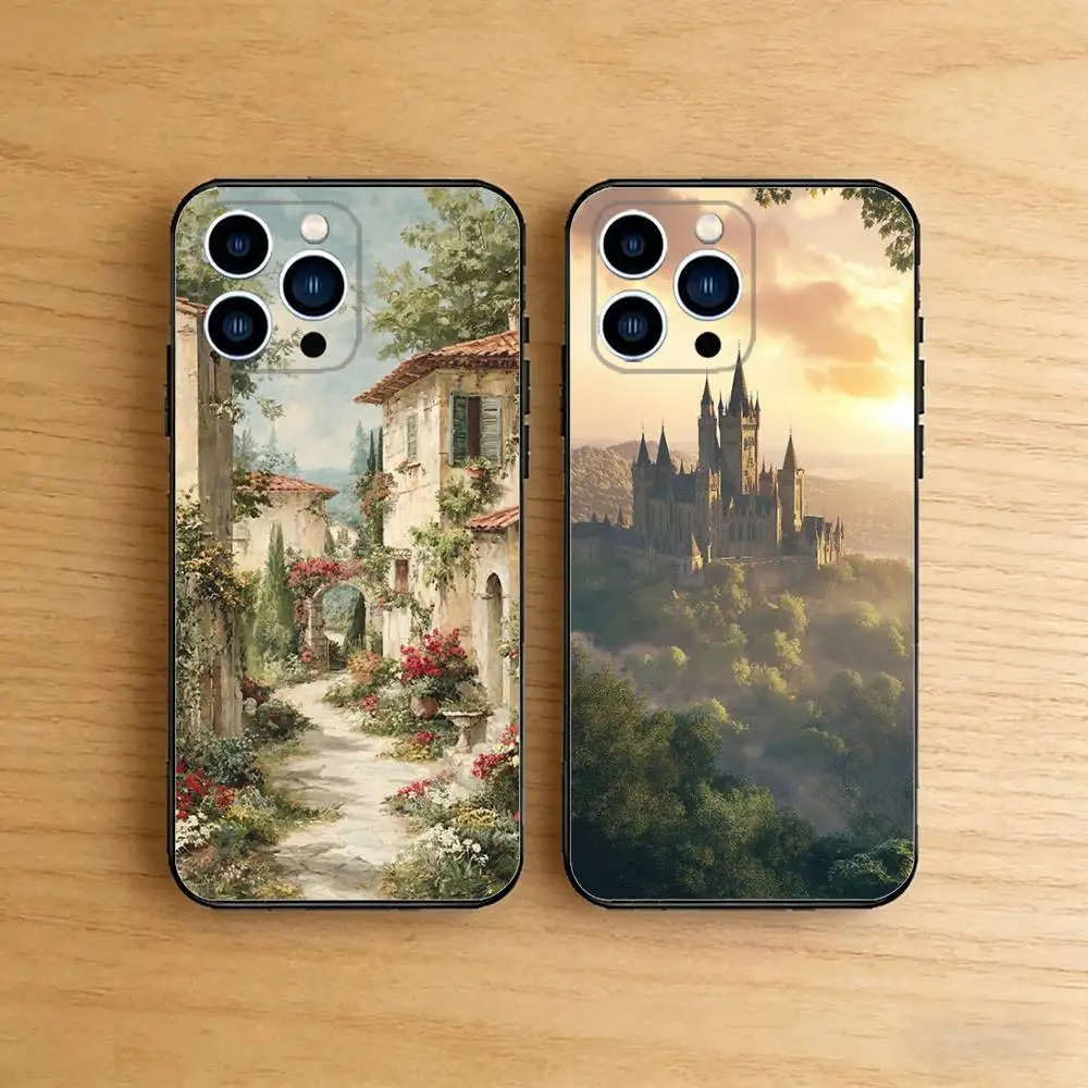 

Castle Painting Case For iPhone 17 16 15 14 13 12 11 Pro Max XR XS 8 7 Plus 16E Soft Silicone Cover