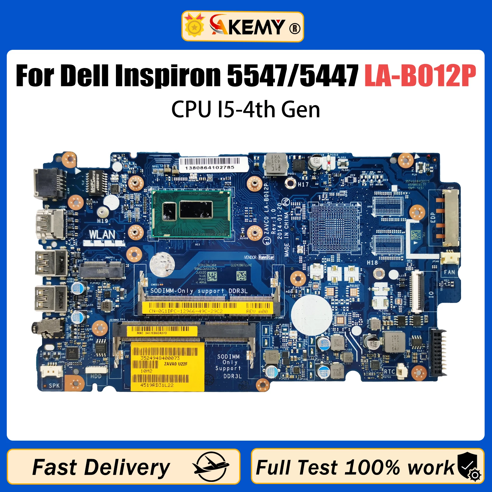 AKEMY ZAVC0 LA-B012P For Dell Inspiron 5447 5547 5548 5442 5543 5542 Laptop Motherboard CPU I5-4th Gen V2G Tested Good