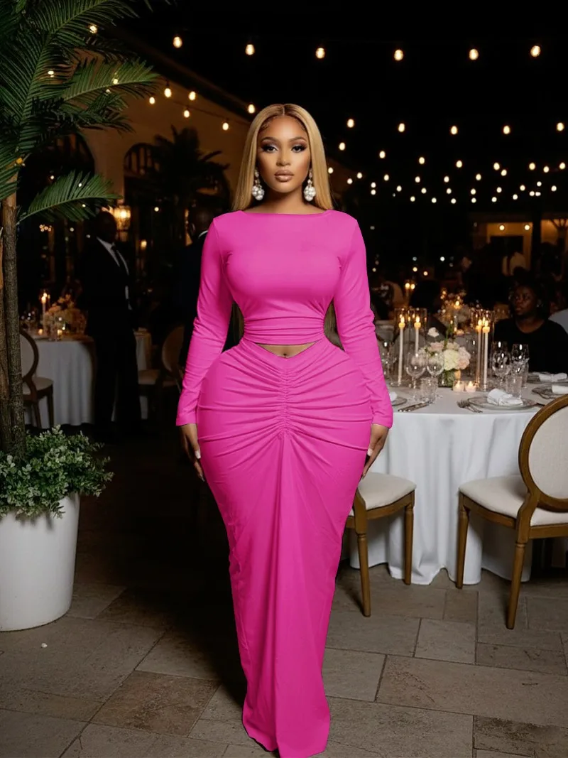 

Женский модный комплект из двух предметов: однотонные футболки с длинным рукавом и круглым вырезом + облегающая юбка макси с драпировкой, костюм для вечеринок, уличная одежда