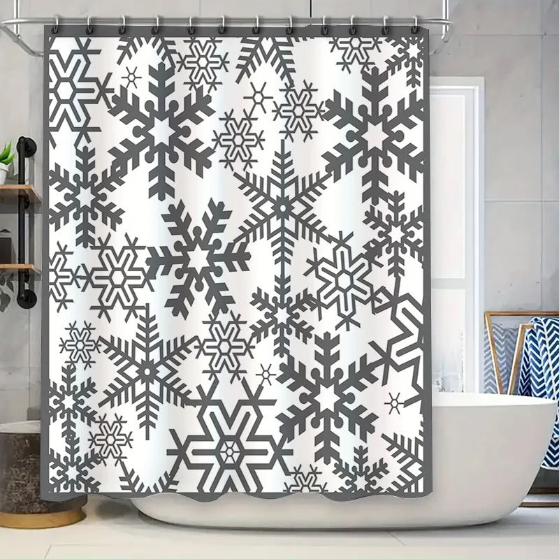 

Зимняя занавеска для душа со снежинками. Стильный декор для ванной комнаты черно-белого цвета. Высококачественная водонепроницаемая ткань с кольцами-крючками для удобных вставок.