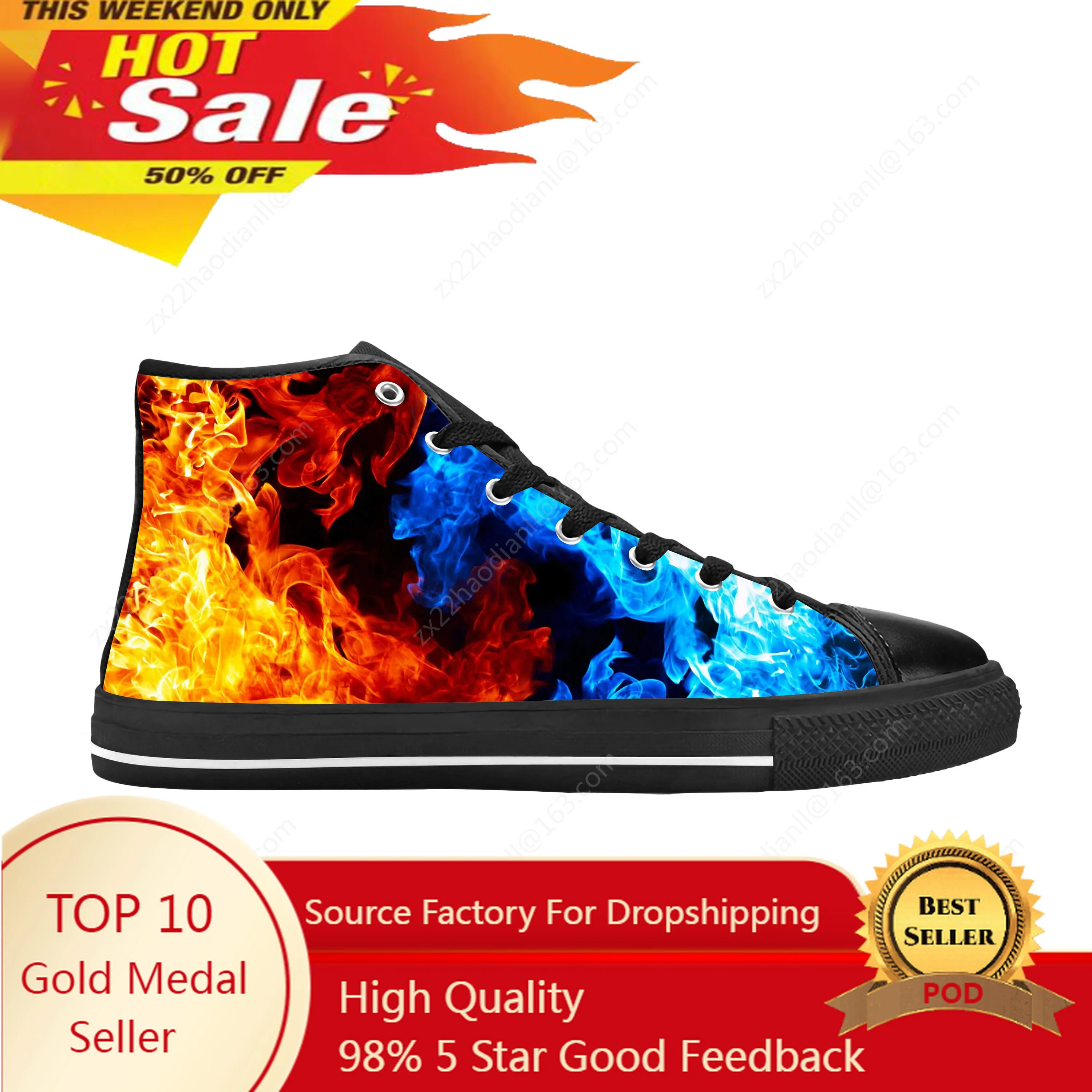 Fire Flame Flaming Pattern Anime Cartoon Fashion Casual Cloth Shoes High Top Comfortable Breathable 3D Print Men Women Sneakers