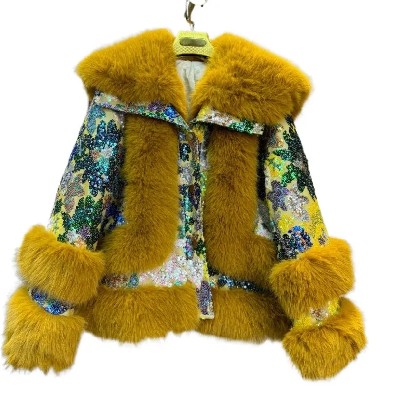 

Осенне-зимняя новая модная утолщенная куртка для тяжелой промышленности с пушистыми пайетками в иностранном стиле, высококачественные меховые нишевые пальто на открытом воздухе