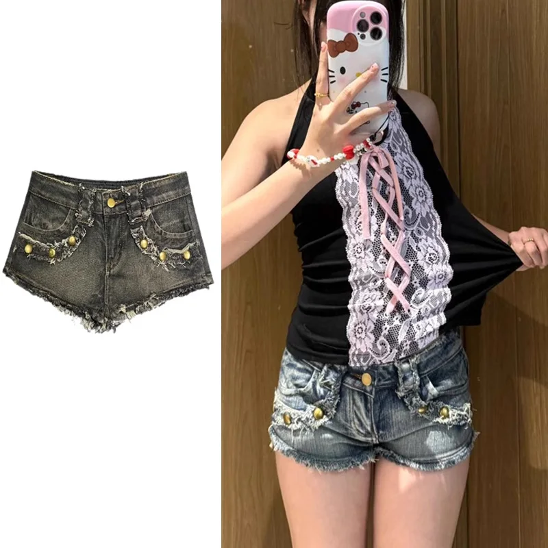 

Millennial Spicy Girl Low Waist Fringed Denim Super Shorts American Style Willow Nail Slim Fit Summer Shorts for Women