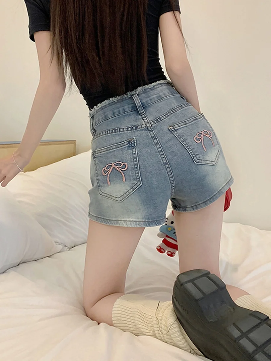 

Новые летние женские эластичные джинсовые шорты с широкими штанинами, прямого кроя, с высокой талией, утягивающие, А-силуэт, повседневные модные джинсы