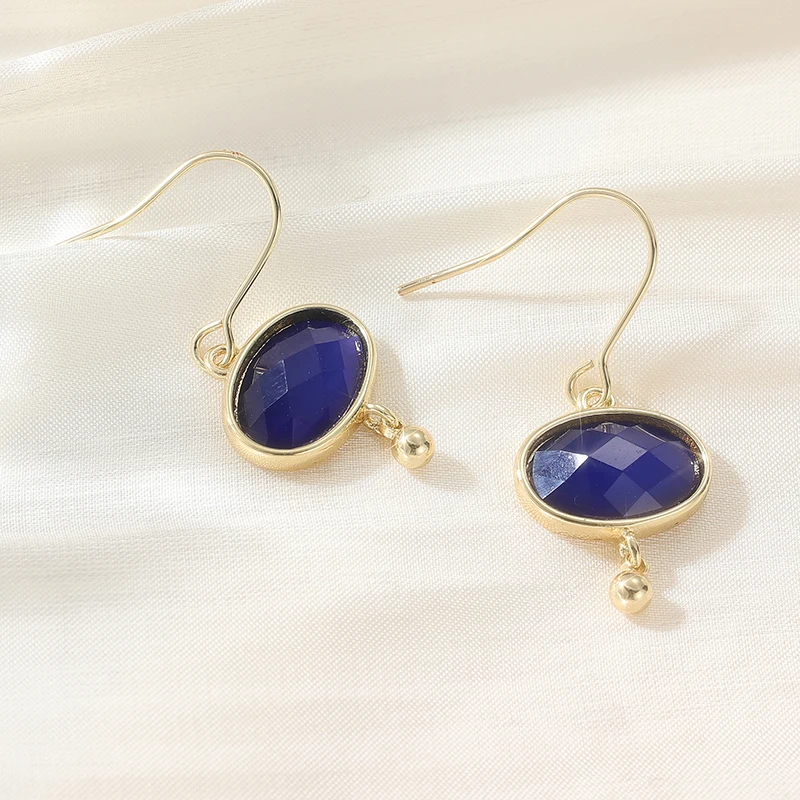 Fashion Oval Royal Blue Color Dangle Earrings Exquisite Gold Plated Pendant Earrings Elegant Banquet Wedding Jewelry