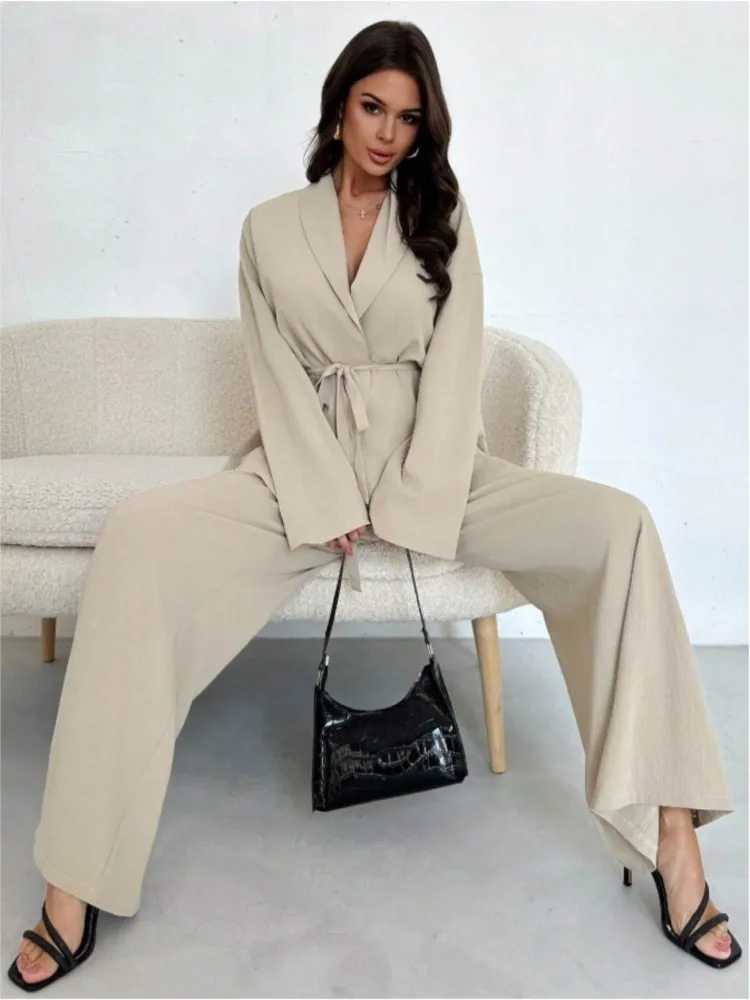 

Fashion Women's Pants Suit Solid Drawstring Long Sleeve Blouse Elastic Waist Wide Leg Pants Two Piece Set Commuting Streetwear