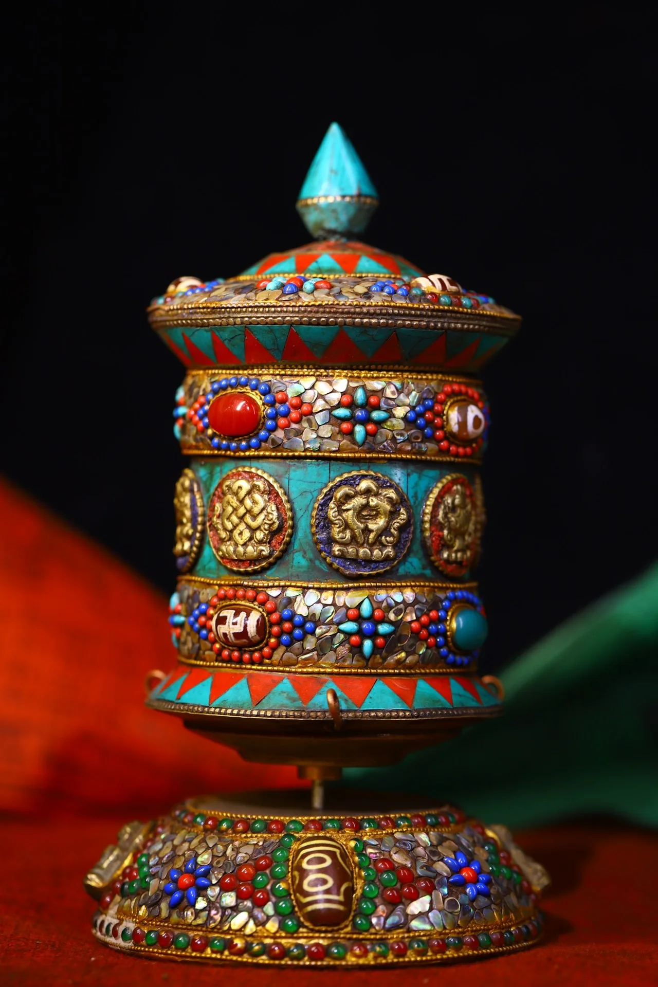 

9"Old China Collections Old Tibetan Silver Mosaic Gem gZi Beads Turquoise Eight Treasures Prayer Wheel Old Scriptures