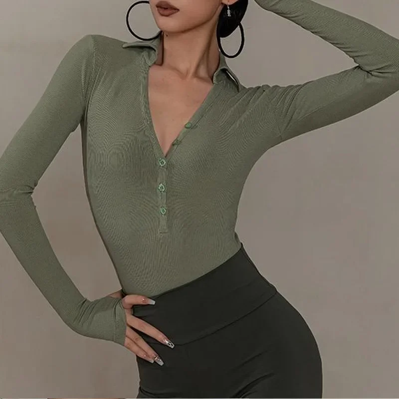 

Slim Multicolor Spring Lapel Collar Long Sleeved Casual T-shirt Women Uniforms V-neck Elastic Force Comfortable All-match Tops