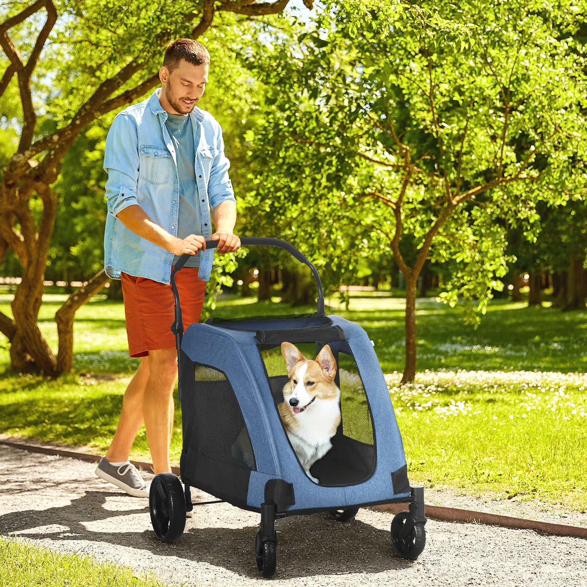 Pet Stroller Universal Wheel with Storage Basket Ventilated Foldable Oxford Fabric for Medium Size Dogs, Blue