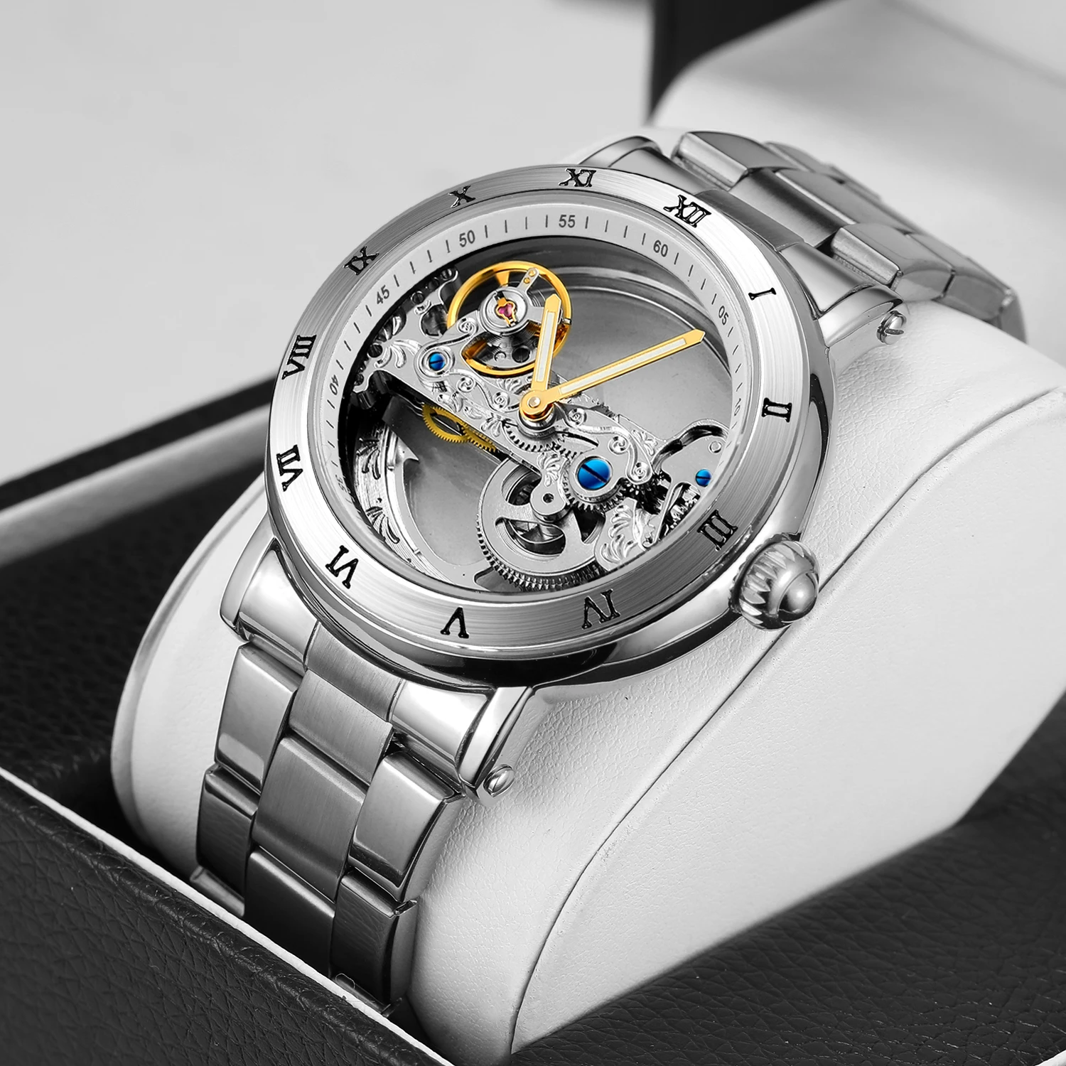 Forsining Retro Skeleton Automatic Watch for Men Luminous Hands Stainless Steel Leather Strap Luxury Brand Mechanical Watches