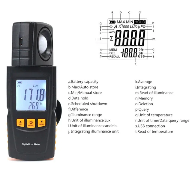 Benetech GM1020 LCD Display Handheld Digital Lux Light Meter Photometer up to 200,000 Lux view 4