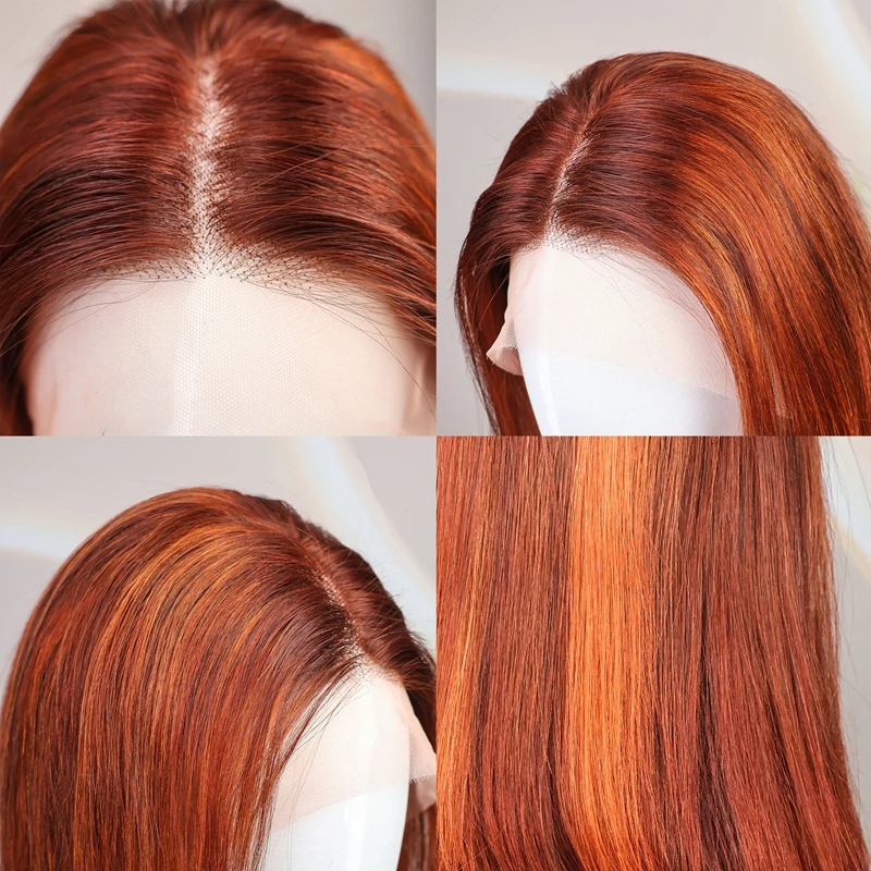 Рыжий Оранжевый 13x4 Прямой Парик Фронта Шнурка Шелковистый 200% Плотность Выделенный Оранжевый Цвет P4-350 Предварительно Сорванные Парики из 100% Человеческих Волос