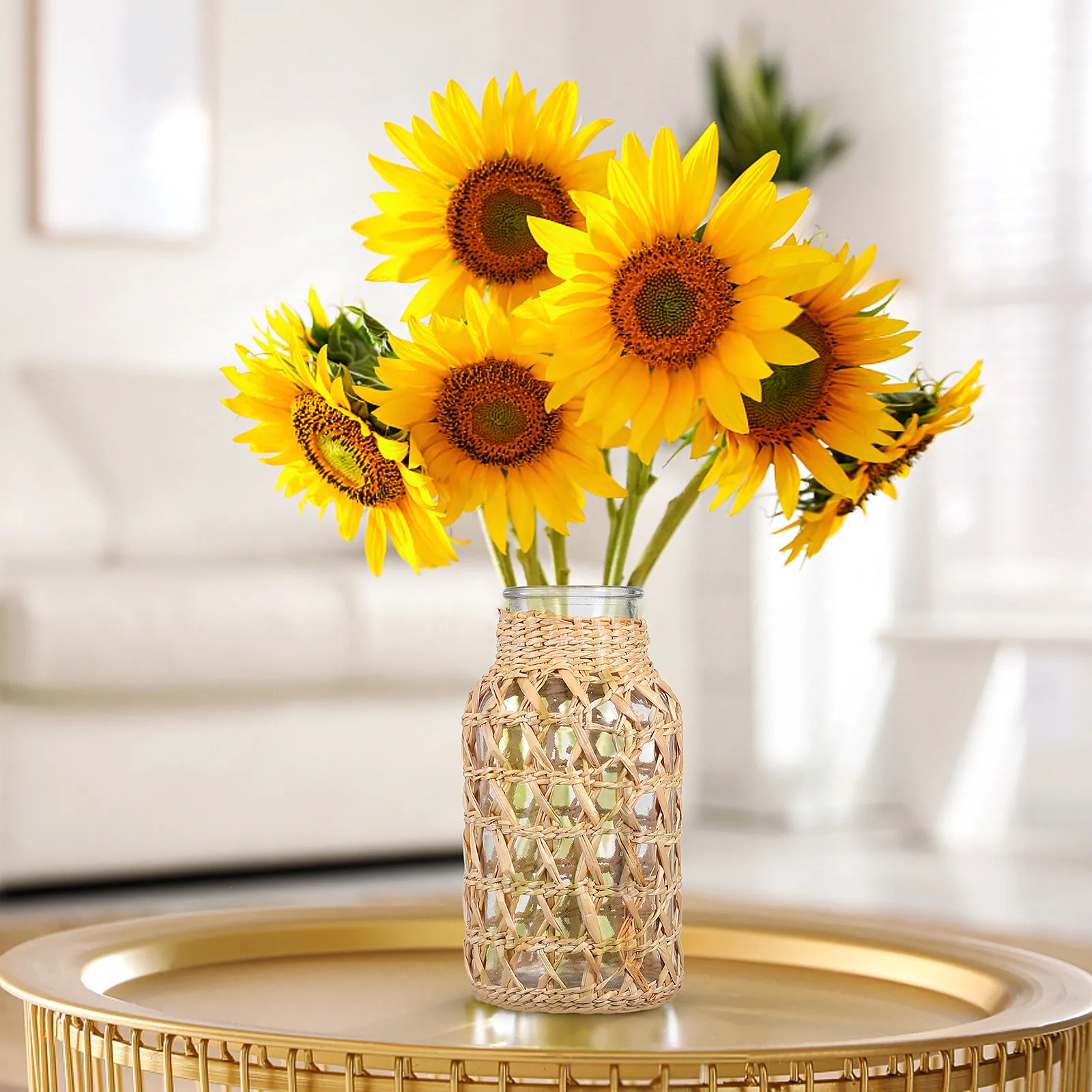 1Pcs Rattan Glass Flower Vase Straw Woven Texture Creative Desktop Decorative Flower Arrangement Container Desktop Vase Decor