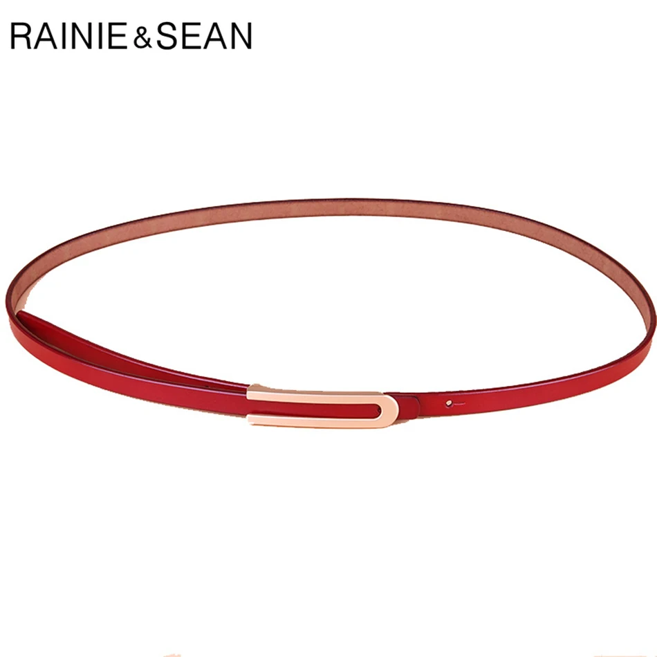 RAINIE SEAN Skinny Belt for Dress Genuine Leather Belt Smooth Buckle Female Red Elegant Thin French Ladies Cowhide Belt Strap