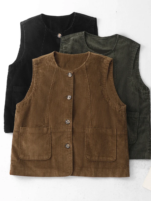 Retro Corduroy round Neck Vest Women's Casual All-Match Outerwear Flannel Shoulder Pad Button up Top Spring Autumn Fashion