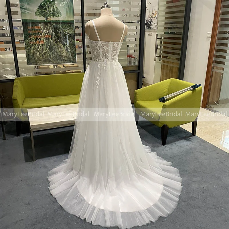 A-linie Tüll Brautkleid mit Exposed Boning 2023 Schatz Neck Spaghetti-trägern Spitze Appliques Strand Hochzeit Kleid für Frauen