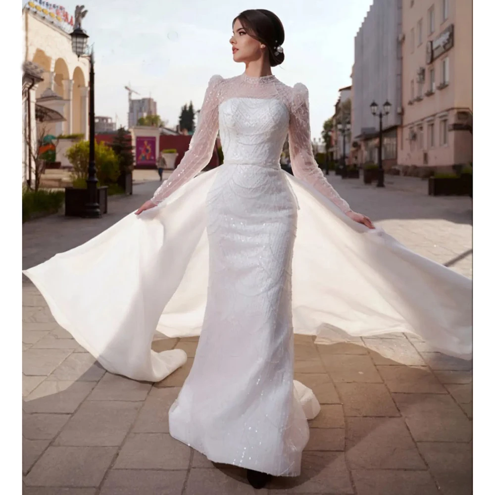 Vestido de sereia muçulmano para mulheres, mangas compridas, trem destacável, pérolas, vestidos de festa formal, vestido de luxo, 2023