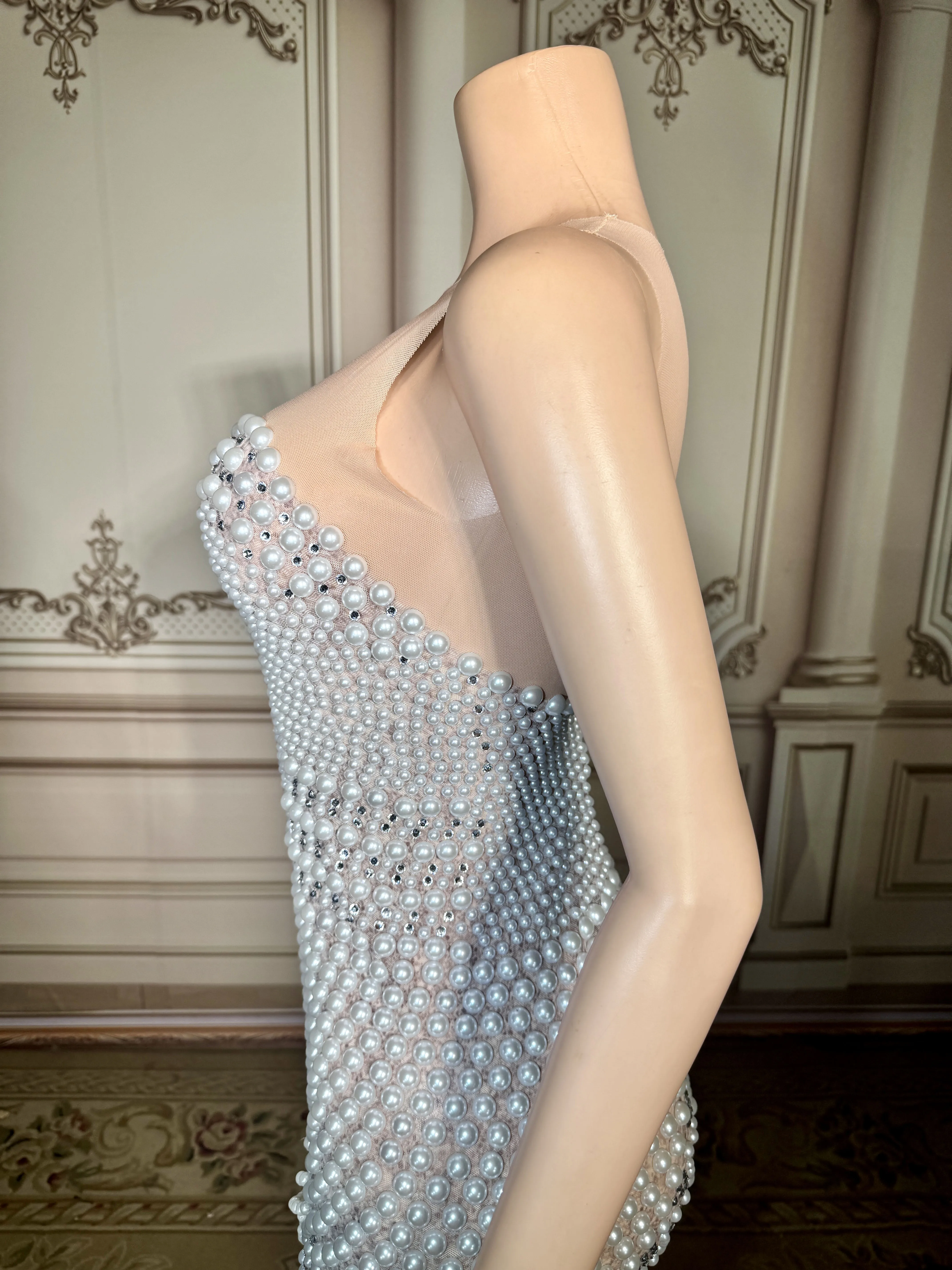 ZD New Mesh Dress Luxury Evening Celebrate Prom Birthday Party Transparent Rhinestones Short Singer Stage Wear