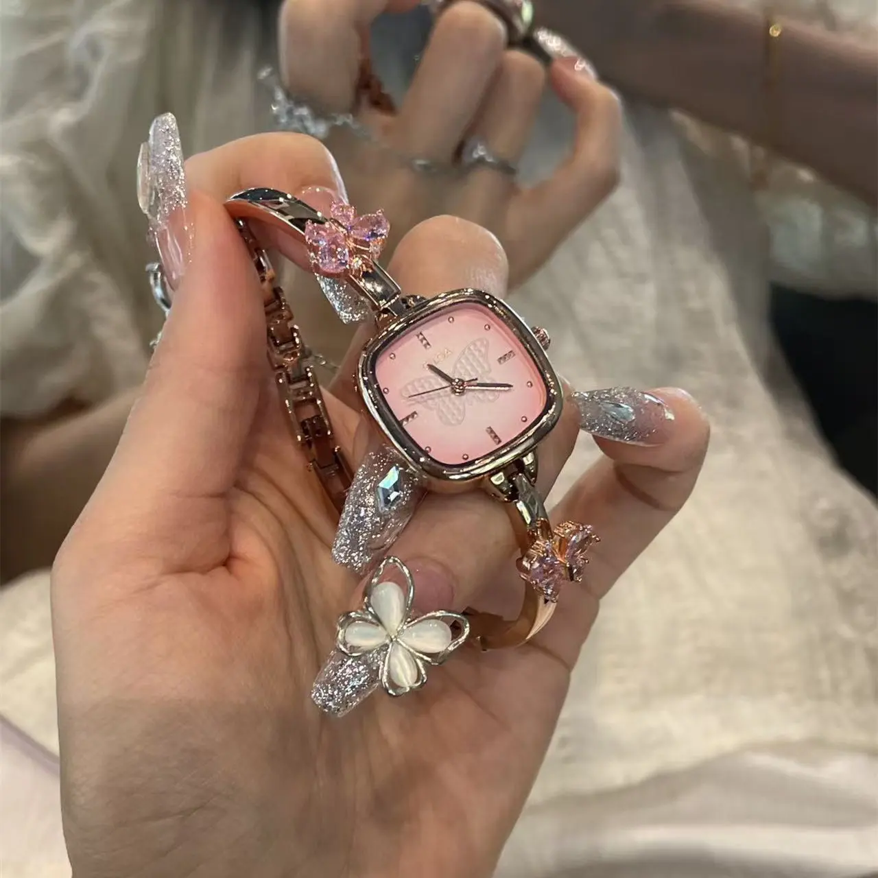CILOA Womens Rose Gold Square Butterfly Watch Pink Gradient Dial Crystal Butterfly Bangle Quartz Wristwatch