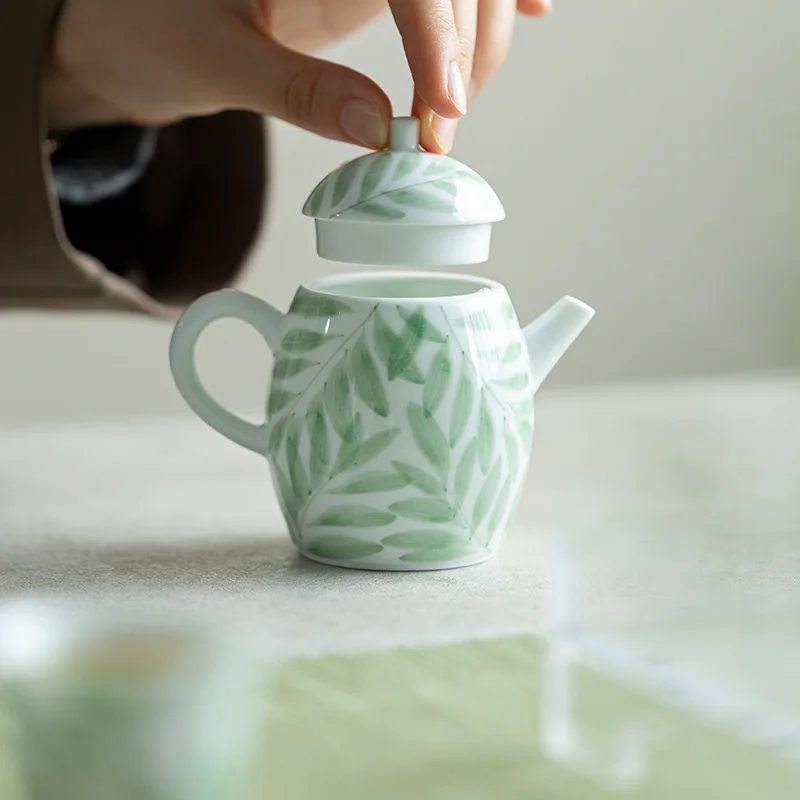 Handmade White Porcelain Hand-painted Willow Leaf Teapot Household Kung Fu Teapot Single Pot with Filter Large Hand-held Teapot