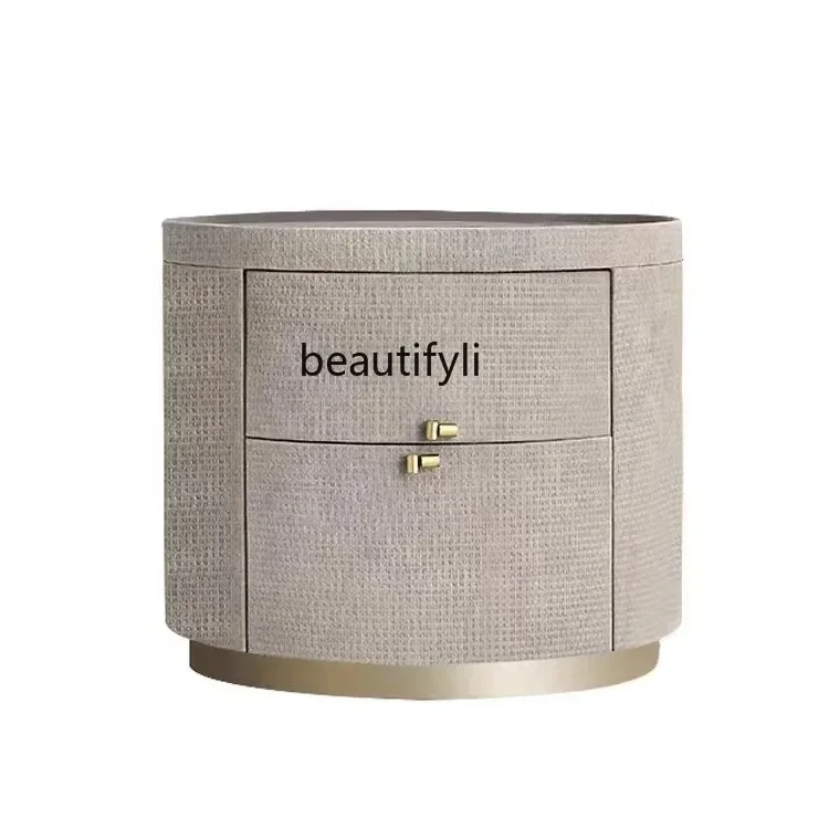 Italian all solid wood bedside table woven pattern oval rock slab bedroom small side table