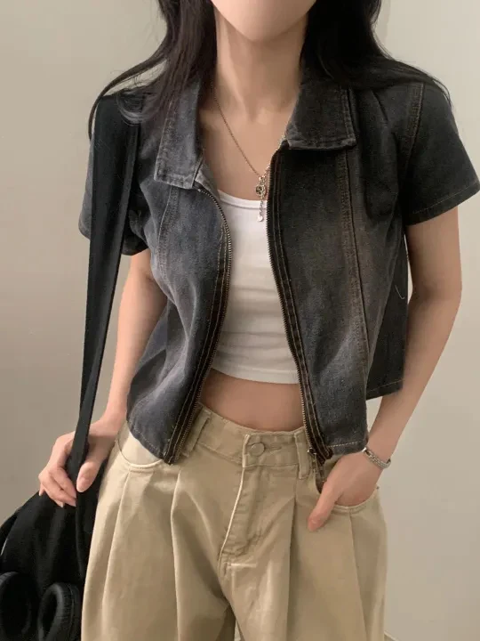 ort Sve Zipper Denim irt Jaet Women's Retro Hong Sle Chic Faion Turn-down Collar ort Coat Korean Waist-cinching