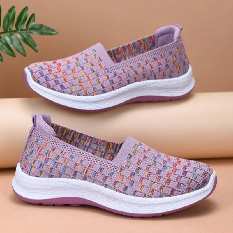 Older Women's Mesh Slip on Flats Soft Cushion Sole Non Slip Walking Shoes Breathable Comfort Spring Summer Loafers