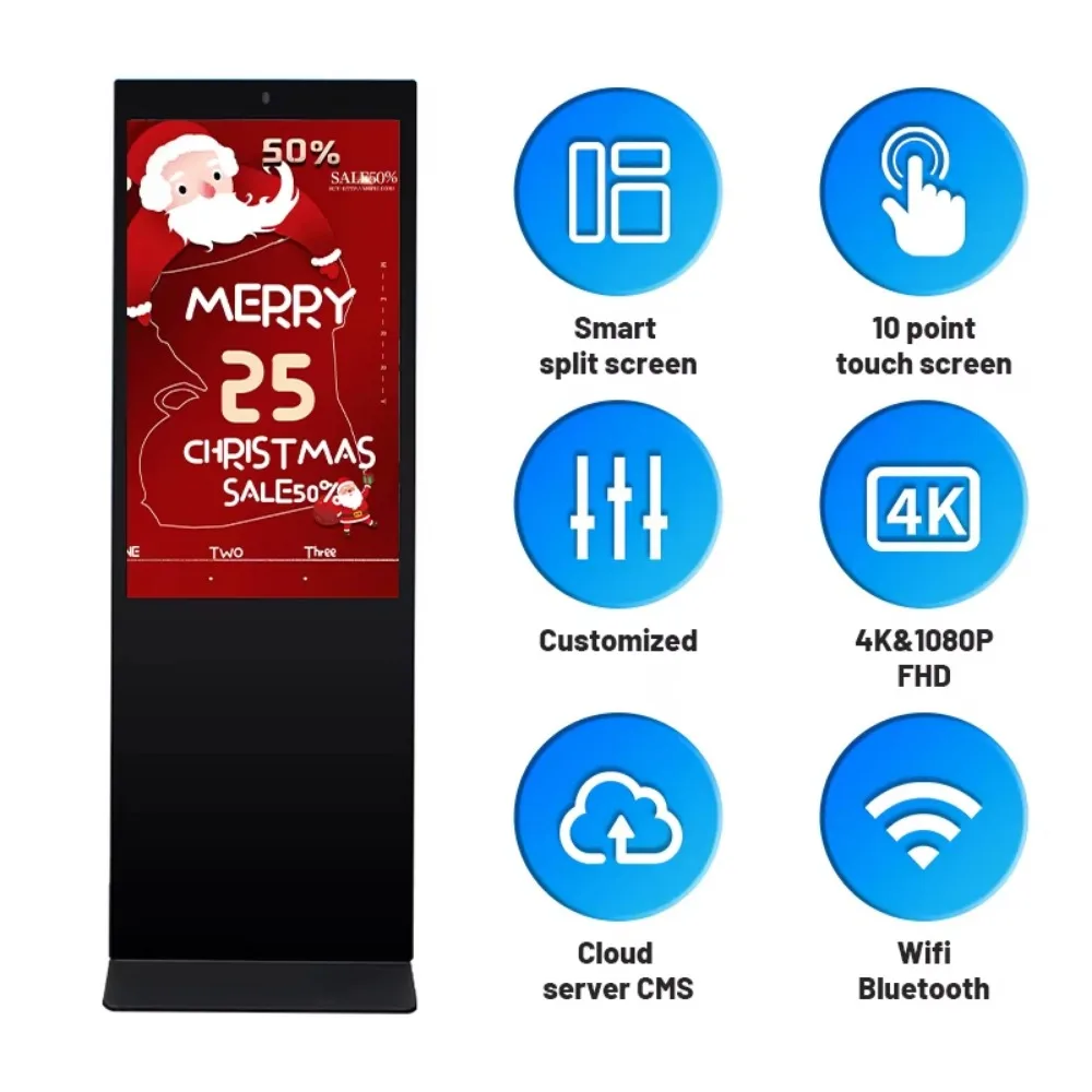 Double Sided Digital Signage Dual Screen Floor Stand Advertising Totem for Indoor Smart Information WiFi UHD 4K Media Player