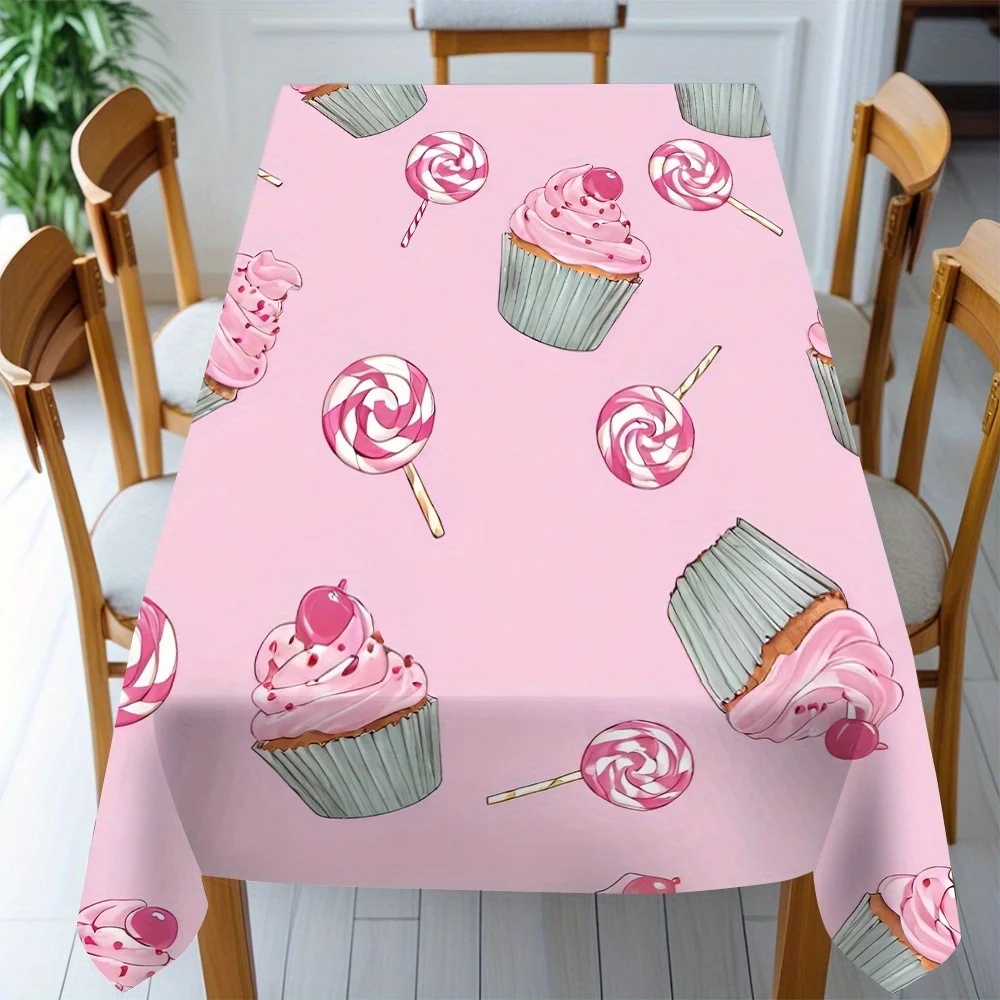 Sweet Cupcake Tablecloth, Pink Base With Lovely Dessert Graphics, Rectangular Table Cover for Candy Shop & Princess Room Decor