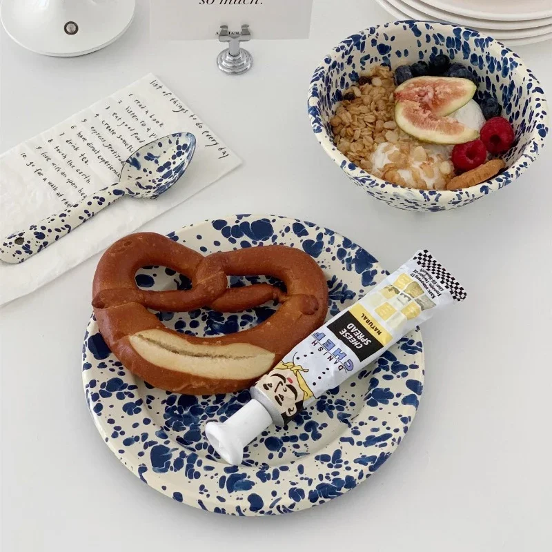 Juego de vajilla esmaltada, platos, cuencos, cucharas, tazas, tinta salpicada, utensilios de cocina de Color, desayuno, yogur, avena, regalo de comedor para el hogar