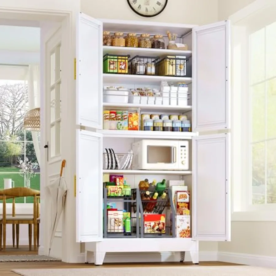 75.2 Tall Metal Pantry Cabinet for Kitchen Storage, Sleek Gray Finish, Heavy-Duty Steel Construction with Adjustable Shelves an