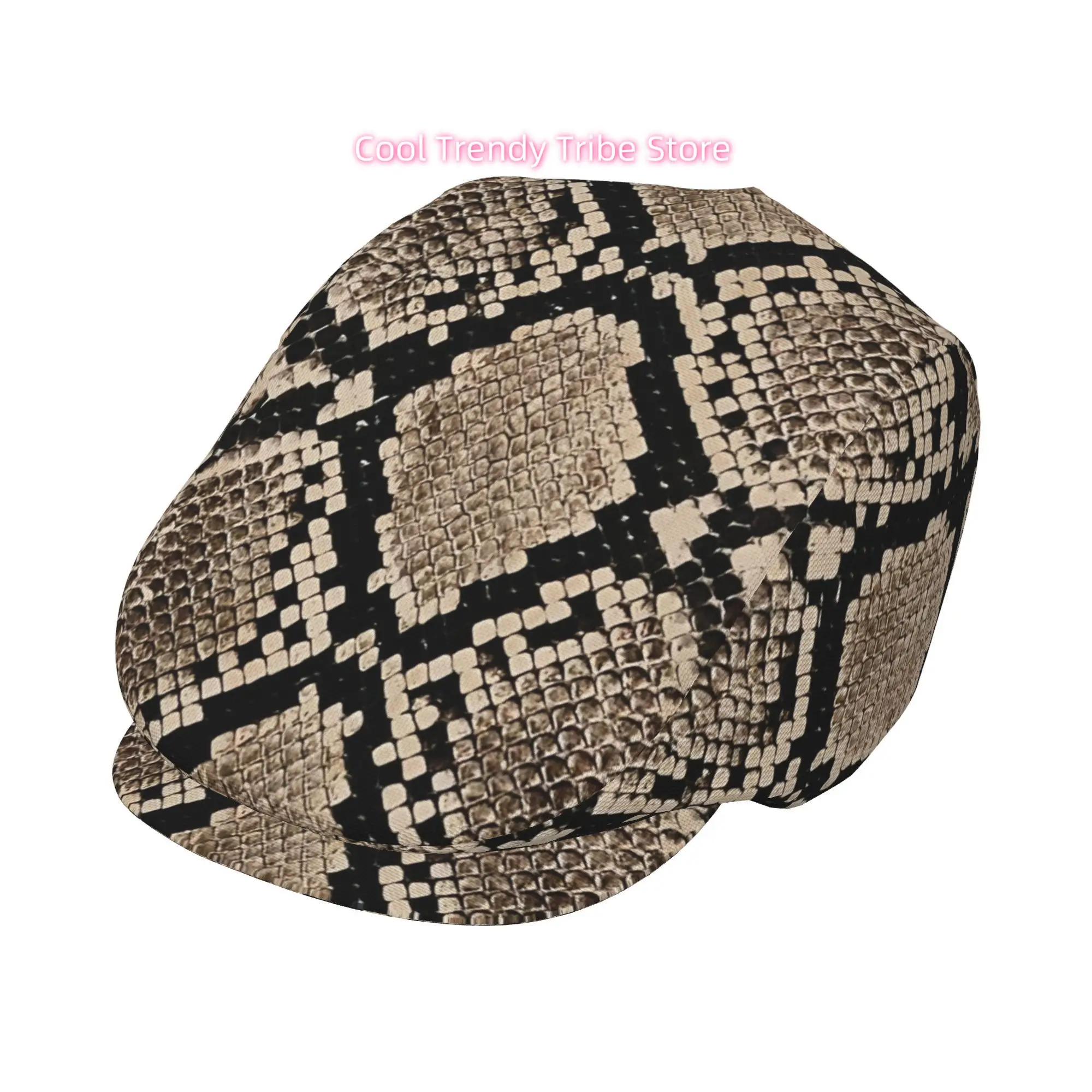 1 boina con estampado integral de textura beige y diseño de serpiente, gorra plana ajustable para hombre y mujer, adecuada para todas las estaciones, estilo Newsboy.
