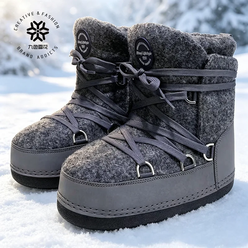 Gray Wool Space Boots Fashion Trendy Thick Sole Snow Boots Women Mid Calf Anti Slip Warm Winter Shoes