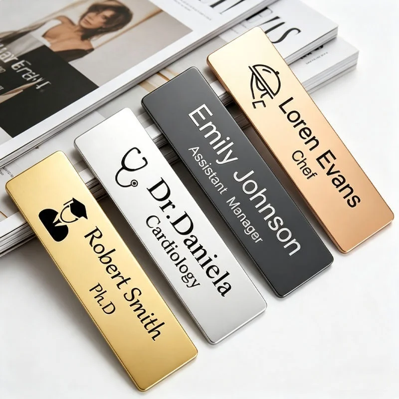 Custom LOGO Blank Metal Engraving Reusable Employee Staff Magnetic Nametag with Magnet Gold Silver
