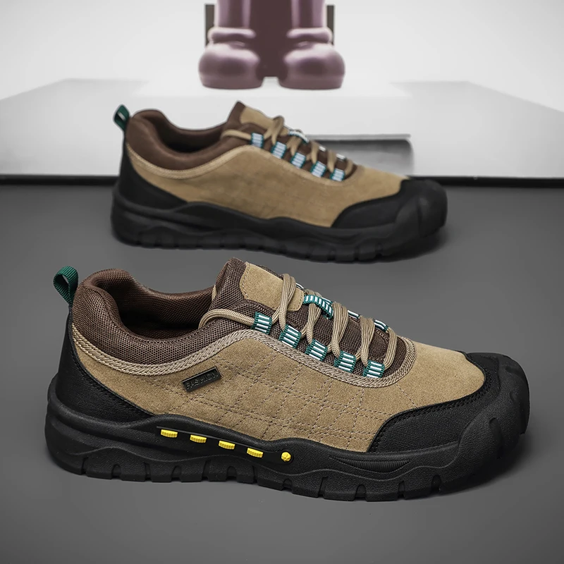 

Khaki Men Hiking Shoes Comfortable Leather Men's Trekking Sneakers Low Cut Breathable Outdoor Sports Shoes For Man Walking Shoes