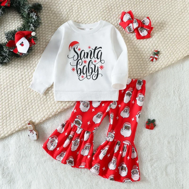 Toddler Baby Girls Christmas Romper Outfit White Sweatshirt Santa Baby Print Red Santa Claus Flare Pants Set 0 36M