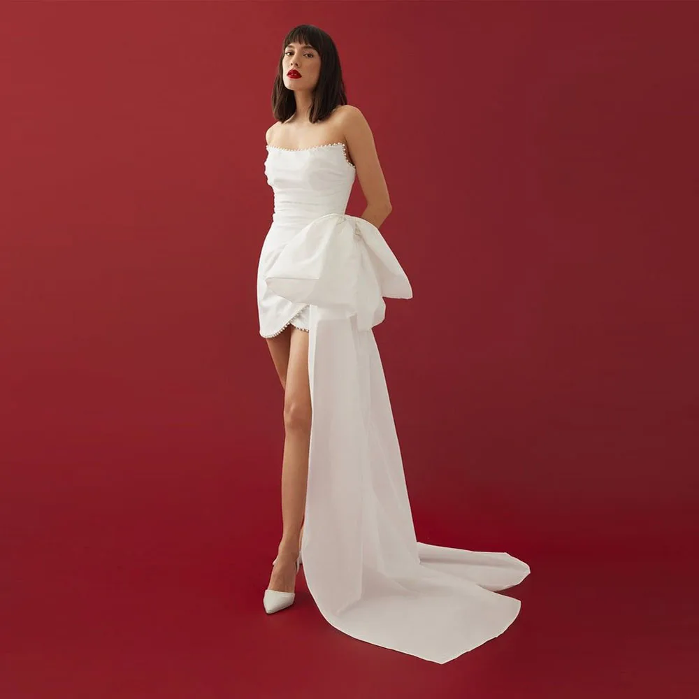 

Couture White Pleated Sheath Short Women Dresses With Oversize Bow Overlay And Crystal Details Lace Up Formal Dress
