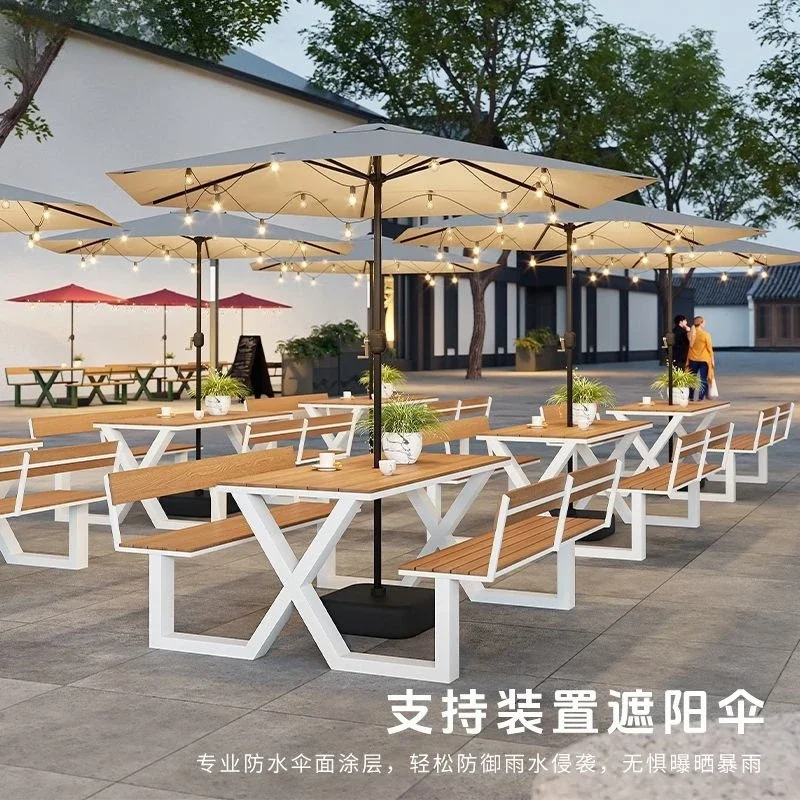 courtyard plaza snack street, plastic wood tables and chairs, park, commercial outdoor sun-protective dining tables