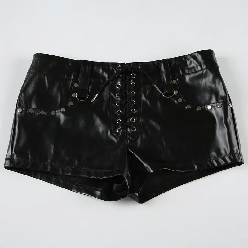 American Street Damen Sexy Nieten Niedrige Taille Hüftwickel Ledershorts Skinny Leder Lace Up Booty Shorts