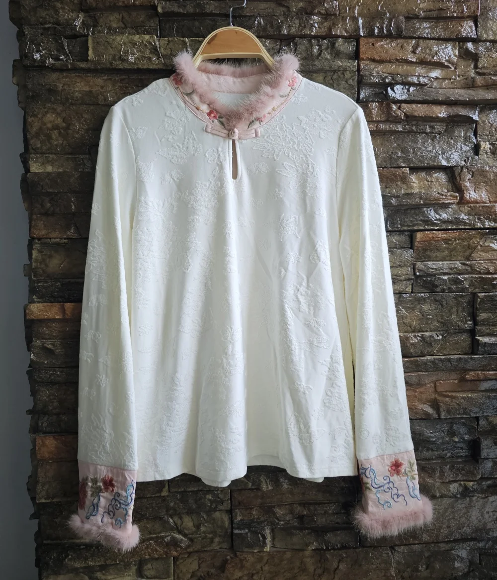 Chinese style woman clothing White cotton fur collar winter Long sleeve t-shirt Vintage fashion embroidery ethnic style tops