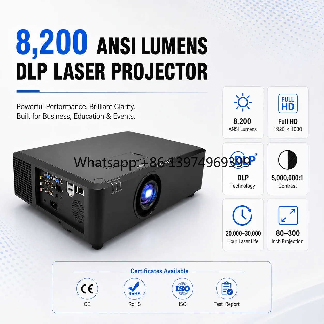 OEM ODM 8200 ANSI Lumens Full HD DLP Laser Projector 3D 4K Support Short Throw Built-in Speakers for Business Education AV