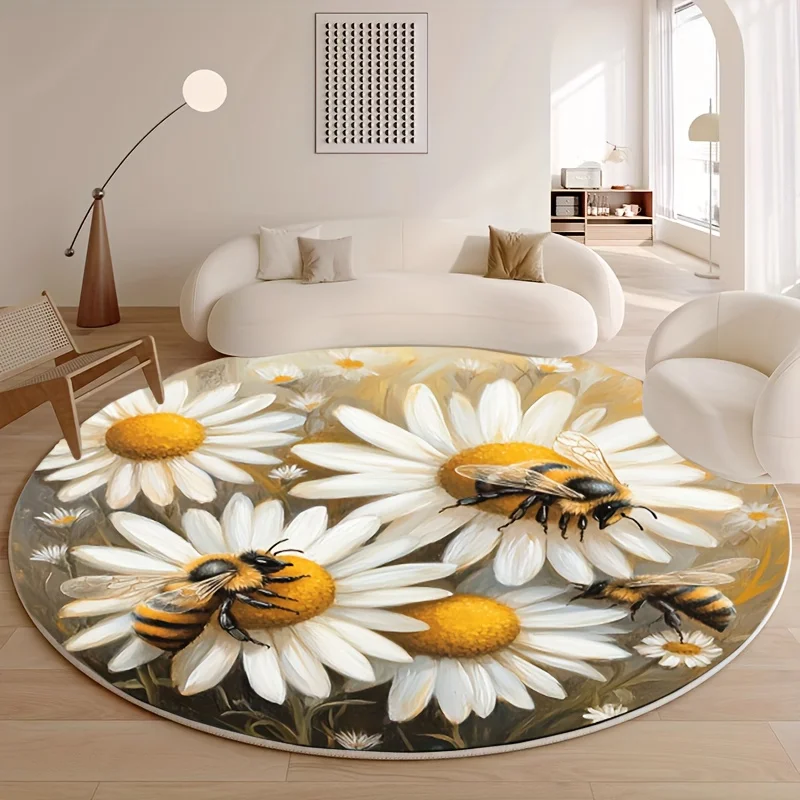 Round Mat with Three Bees & Daisies Print – Machine Washable Indoor Rug for Bedroom & Living Room