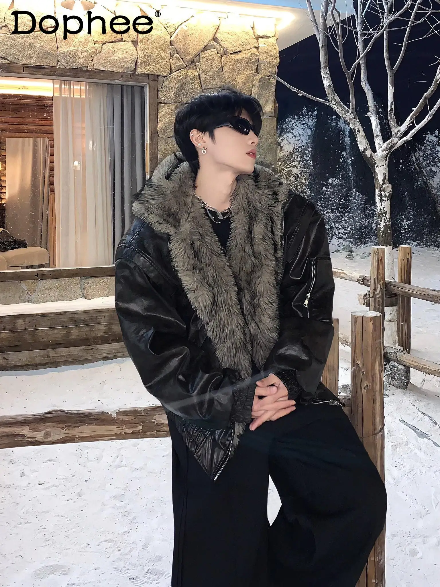 

2025 New Men's Fashion Design Double-Sided Thickened Warm Hooded Jacket Men's Winter Fur Zipper Short Jacket