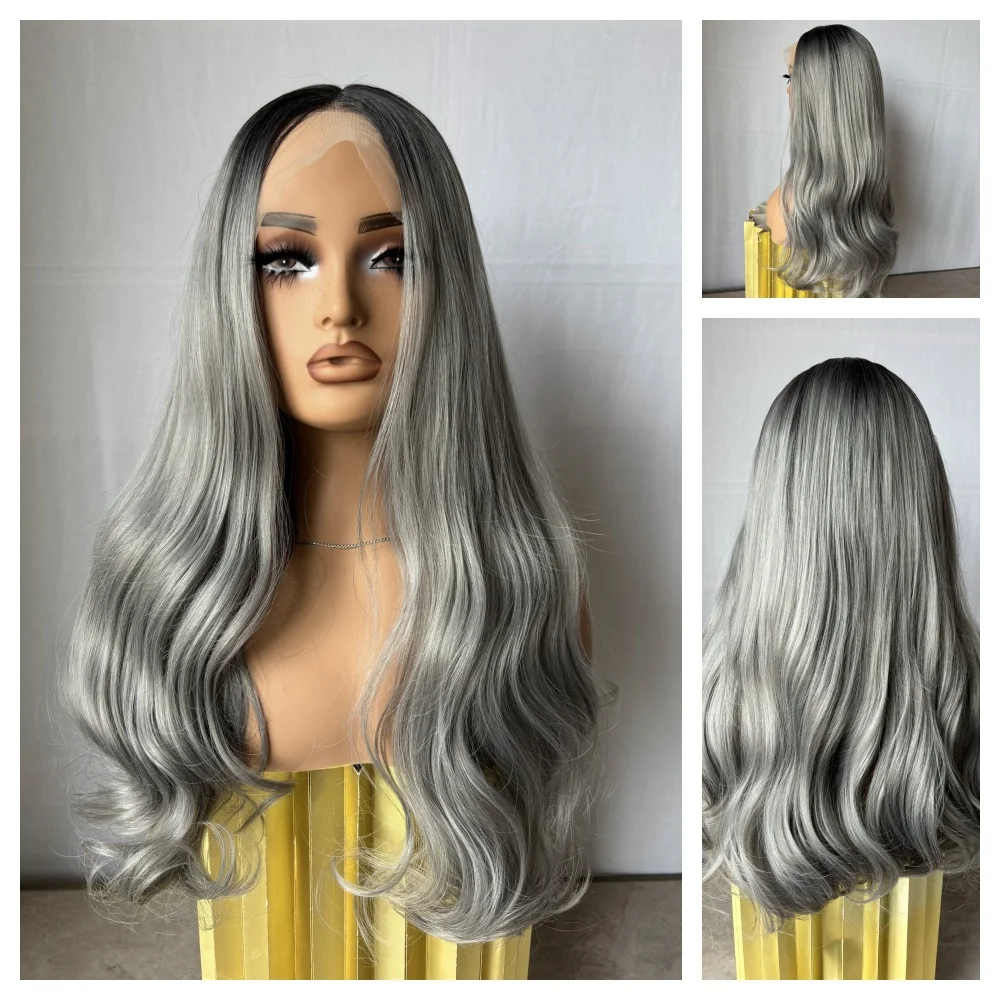 

Ombre Светло-серые кружевные фронтальные парики Синтетические волосы Смешанные 5% человеческих волос Мягкие Futura Бесклеевой парик шнурка Свободные волнистые натуральные волосы