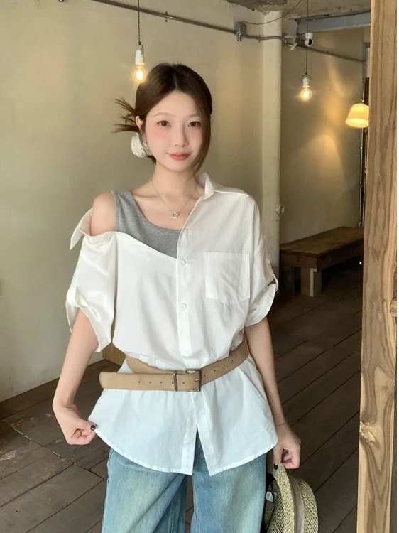 

plus Size Lazy Style Shoulder Bared Short Sleeve Shirt Women's Summer New Design Waist Cinched Top Korean Version Slim Fit