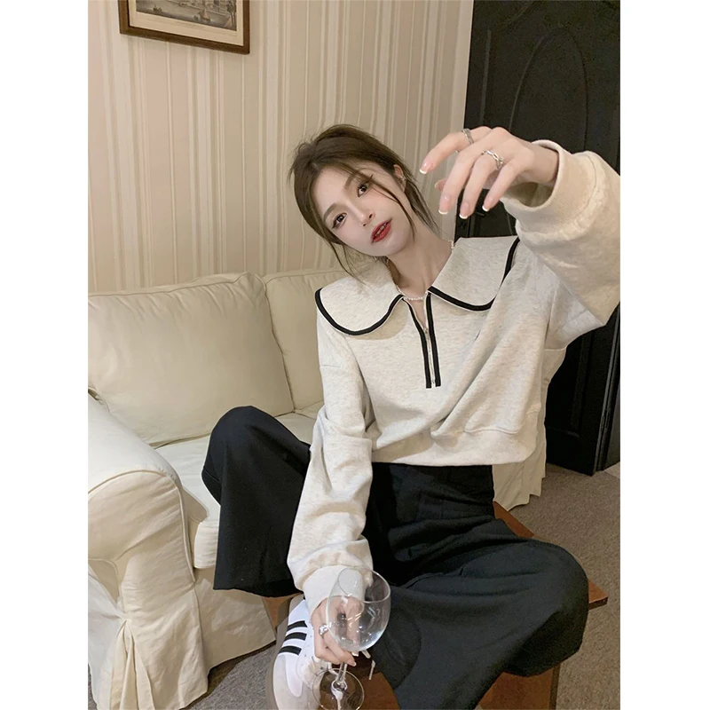 MEXZT Streetwear Cropped Sweatshirt Women Sweet Preppy Patchwork Pullovers Harajuku Korean Peter Pan Collar Casual Hoodies Tops