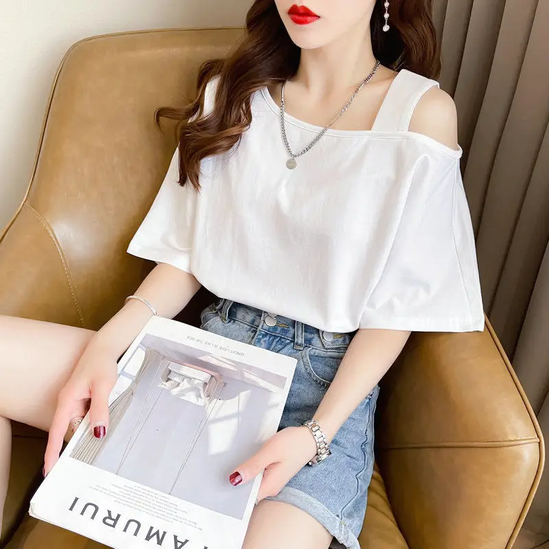 Off Shoulder White Loose T Shirts Summer New Short Sleeve Solid Color All-match Casual Tops Tees Fashion Trend Women Clothing